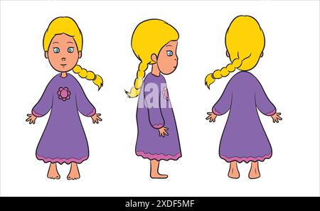 Fille de personnage de dessin animé différente pose avant arrière Illustration de Vecteur