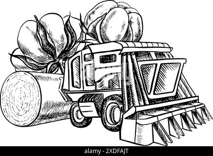 Récolteuse de coton. Une illustration graphique vectorielle en noir et blanc réalisée à la main. Une composition stylisée d'une récolteuse de coton moderne et d'une récolte de coton Illustration de Vecteur