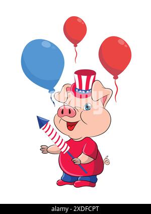 Pig Cartoon Character fêtent le 4 juillet Illustration de Vecteur