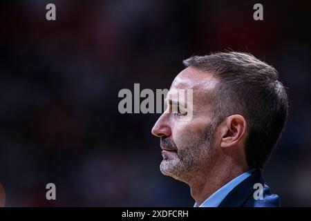 Murcie, Espagne. 12 juin 2024. Basket Ligue espagnole entre UCAM CB vs Real Madrid, troisième match pour le titre de la ligue, au Palacio de los Deport Banque D'Images