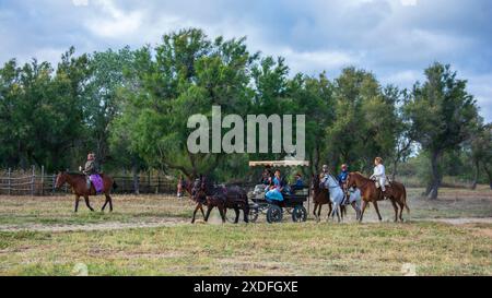 Calèches et calèches à travers les marais du parc national de Doñana lors du pèlerinage annuel au village d'El Rocio Banque D'Images