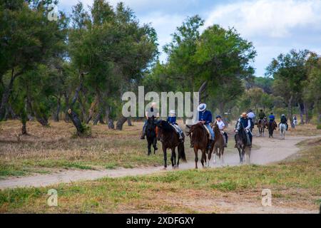 Calèches et calèches à travers les marais du parc national de Doñana lors du pèlerinage annuel au village d'El Rocio Banque D'Images