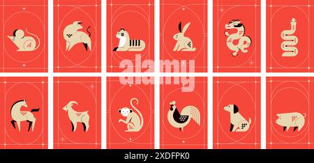 Horoscope chinois collection zodiaque, style minimaliste géométrique. Symboles animaux du nouvel an chinois. Ensemble de mascottes : lapin, dragon, serpent, tigre Illustration de Vecteur