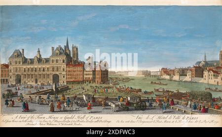 Gravure en couleur imprimée d'une vue générale d'une vue de l'Hôtel de ville ou salle de guilde de Paris publiée par Robert Wilkinson horizon du XVIIIe siècle et perspective historique de paysage urbain gravure aquarelle Banque D'Images