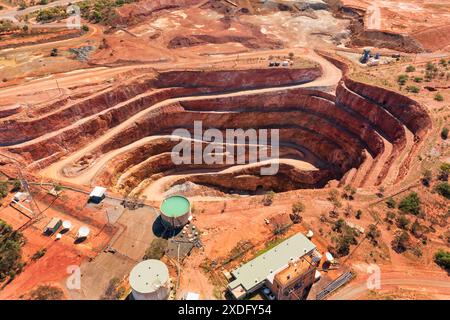 Mine de cuivre profonde à ciel ouvert en couches dans la ville de Cobar en Australie - vue aérienne de haut en bas. Banque D'Images