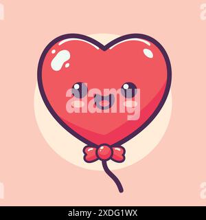 Charmante illustration d'un ballon souriant en forme de coeur avec un visage mignon et un arc dans le style kawaii. Idéal pour les designs sur le thème de l'amour, les cartes de vœux et les projets graphiques joyeux. Œuvres d'art ludiques et réconfortantes. Illustration de Vecteur