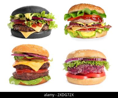 Différents hamburgers délicieux isolés sur blanc, mis Banque D'Images