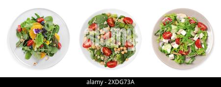 Ensemble de différents repas sains sur fond blanc, vue de dessus Banque D'Images