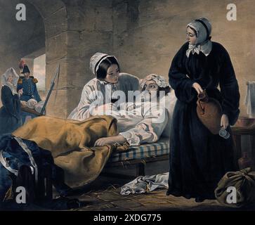 Une lithographie colorée de 1854 représentant une scène de la guerre de Crimée, où des infirmières soignent un soldat blessé allongé dans un lit d'hôpital de campagne. La femme de gauche tient une tasse tandis que la femme de droite porte un pichet. Cette image souligne le rôle crucial que les femmes ont joué dans la prise en charge des soldats pendant la guerre. Banque D'Images