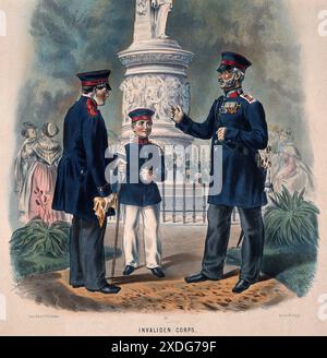 Cette lithographie de 1900 de C. F. Schindler montre deux anciens combattants allemands et un jeune soldat près d'une statue à Berlins Siegesallee. Les vétérans sont probablement du corps des invalides, avec le plus jeune soldat debout à l'attention, peut-être recevoir des conseils. Le Siegesallee, construit à la fin du XIXe siècle, présentait des statues de personnages importants de l'histoire prussienne. Banque D'Images