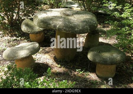 Chase City, Virginie, États-Unis. Art à MacCallum plus Musée et jardins. Table et tabourets en forme de champignon en pierre. Banque D'Images