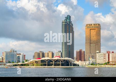 Magnifique horizon de Kaohsiung, Taiwan. Vue imprenable sur le port de Kaohsiung, les gratte-ciel pittoresques et autres bâtiments modernes du centre-ville. Banque D'Images