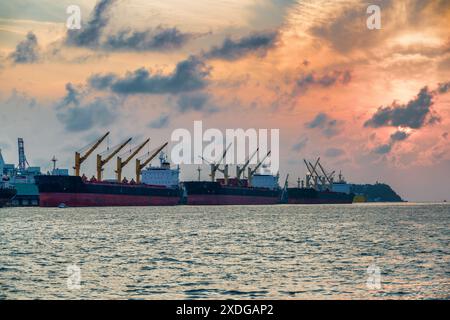 Le port de Kaohsiung au coucher du soleil. Cargos dans le port de Kaohsiung, Taiwan. Le port est un port d'attache pour l'industrie régionale des voyages de croisière. Banque D'Images