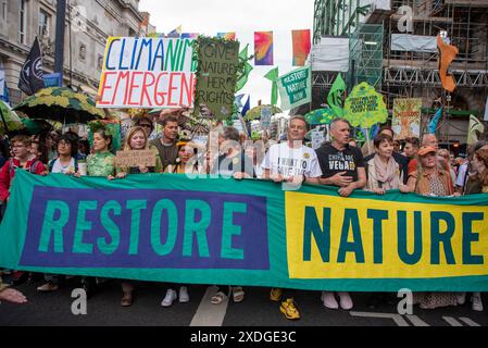 Londres, Royaume-Uni. 22 juin 2024. L'actrice britannique Emma Thompson (au milieu) et le présentateur de la BBC Chris Packham (à droite) marchent ensemble lors de la manifestation "Restore nature Now". Restore nature Now était le plus grand rassemblement du Royaume-Uni pour la nature et le climat. Plus de 300 organisations ont envahi les rues de Londres. Les manifestants ont exigé des actions urgentes pour restaurer la nature et lutter contre le changement climatique. (Photo de Krisztian Elek/SOPA images/SIPA USA) crédit : SIPA USA/Alamy Live News Banque D'Images