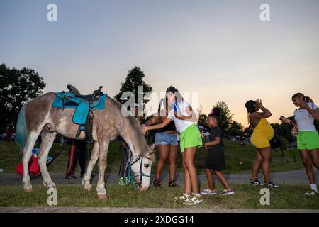 Baltimore, Maryland, États-Unis. 22 juin 2024. Les gens caressent un cheval au festival AFRAM (African-American Food, Music, Arts and Crafts), samedi 22 juin 2024 à Baltimore, Maryland. Baltimore atteint 101 degrés, battant le précédent record pour la date de 100 établie en 1988. (Eric Kayne/Zuma Press images) @photokayne (Credit image : © Eric Kayne/ZUMA Press Wire) USAGE ÉDITORIAL SEULEMENT! Non destiné à UN USAGE commercial ! Banque D'Images