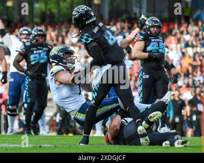 Louis Geyer (Stuttgart Surge #7), Touchdown, Nico Leiderer (Munich Ravens #29), Darius Saint-Robinson (Munich Ravens #8), Munich Ravens v. Stuttgart Surge, Nuernberg Game, American Football, Ligue européenne de Football, Spieltag 5, saison 2024, 22.06.2024, Foto : EIBNER/Florian Schust Banque D'Images