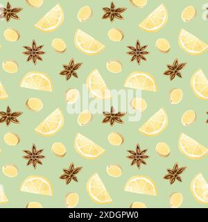 Mélange d'agrumes et d'épices avec des citrons, de l'anis étoilé et des tranches de gingembre motif aquarelle sans couture sur fond vert clair Banque D'Images