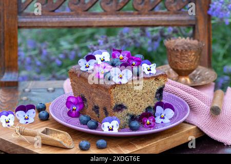 gâteau à la farine complète aux myrtilles décoré de fleurs d'alto Banque D'Images