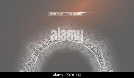 Une illustration numérique avec des motifs filaires blancs abstraits, représentant l'intelligence artificielle, sur un fond gris dégradé avec un gl Illustration de Vecteur