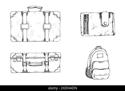 Aquarelle dessinée à la main illustration vintage. Accessoires touristiques sac à dos sac à dos sac à dos, valises vintage, porte-monnaie porte-monnaie avec fermeture éclair. Tourisme Illustration de Vecteur