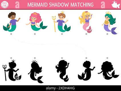 Sirène et merman ombre assortie activité avec princesses de mer. Puzzle de Royaume de conte de fées avec des filles mignonnes avec des queues. Trouver la silhouette correcte pr Illustration de Vecteur