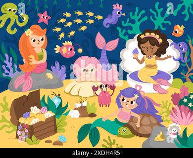 Illustration de paysage vectoriel avec des amis sirène. Océan ou scène de Royaume de mer avec algues, hippocampe, princesse marine, coffre au trésor, crabe. Mignon carré Illustration de Vecteur