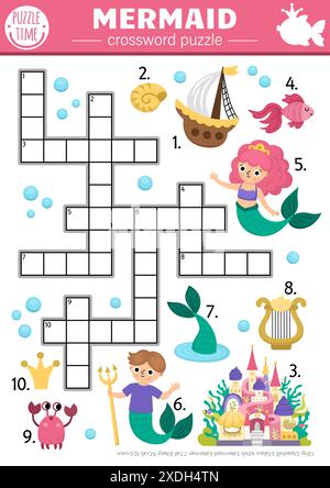 Puzzle de mots croisés de sirène vectorielle pour les enfants. Quiz marin avec merman, bateau, palais, poisson, crabe pour les enfants. Mignon océan conte de fées Royaume éducatif cro Illustration de Vecteur