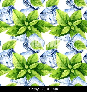 blocs de glace en cristal, feuilles fraîches de menthe, motif sans couture avec des ingrédients d'aquarelle dessinés à la main pour des boissons rafraîchissantes d'été, cube d'eau glacée bleue Banque D'Images