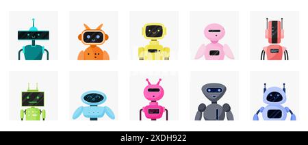 Chatbot avatars mignons en différentes couleurs définies. Portraits drôles de bots dans le chat GPT et les assistants virtuels, robots simples avec des visages de cercle, rectangle et illustration vectorielle de dessin animé en forme de triangle Illustration de Vecteur