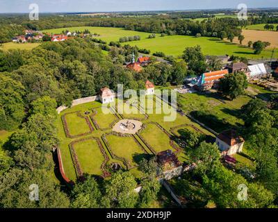 Schlosspark Tiefenau Schloss Tiefenau ist eine denkmalgeschützte Schlossanlage in Tiefenau, einem Ortsteil der Gemeinde Wülknitz im Meißen Landkreis sächsischen. Die am Anfang des 18. Jahrhunderts im barocken Stil errichtete ehemalige Schloss- beziehungsweise Rittergutsanlage ist mit einem Park, der einstigen Schlosskapelle und einem angrenzenden Friedhof unmittelbar neben der Bundesstraße 169 zu finden. DAS Tiefenauer Schloss selbst wurde im Jahre 1948 gesprengt. 2019 wurden Sanierungsarbeiten im alten Rittergut begonnen. Inzwischen befinden sich Park und Kapelle in einem gepflegten Zustand u Banque D'Images