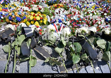 Miretice, République tchèque. 23 juin 2024. Une réunion commémorative pour honorer les victimes de la tragédie du village de Lezaky, anéantie par les nazis en 1942, a eu lieu au mémorial de Lezaky, Miretice, République tchèque, le 23 juin 2024. Crédit : Lubos Pavlicek/CTK photo/Alamy Live News Banque D'Images