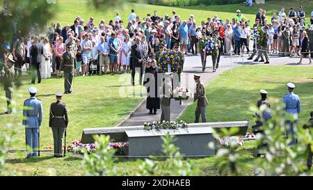 Miretice, République tchèque. 23 juin 2024. Une réunion commémorative pour honorer les victimes de la tragédie du village de Lezaky, anéantie par les nazis en 1942, a eu lieu au mémorial de Lezaky, Miretice, République tchèque, le 23 juin 2024. Crédit : Lubos Pavlicek/CTK photo/Alamy Live News Banque D'Images