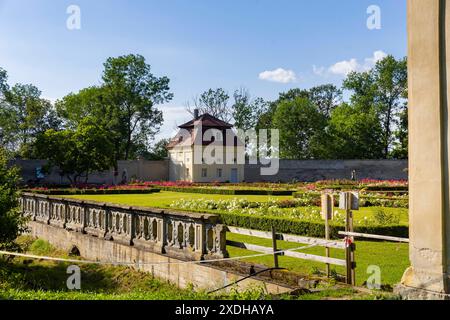 Schlosspark Tiefenau Schloss Tiefenau ist eine denkmalgeschützte Schlossanlage in Tiefenau, einem Ortsteil der Gemeinde Wülknitz im Meißen Landkreis sächsischen. Die am Anfang des 18. Jahrhunderts im barocken Stil errichtete ehemalige Schloss- beziehungsweise Rittergutsanlage ist mit einem Park, der einstigen Schlosskapelle und einem angrenzenden Friedhof unmittelbar neben der Bundesstraße 169 zu finden. DAS Tiefenauer Schloss selbst wurde im Jahre 1948 gesprengt. 2019 wurden Sanierungsarbeiten im alten Rittergut begonnen. Inzwischen befinden sich Park und Kapelle in einem gepflegten Zustand u Banque D'Images