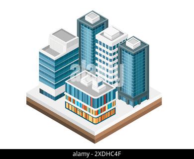 Vue isométrique tridimensionnelle de bâtiments. Design urbain moderne de ville, illustration vectorielle isolée sur fond blanc. Illustration de Vecteur