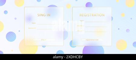 Effet de morphisme du verre. Carte acrylique dépolie transparente. Journal d'abonnement sous forme de cercles de dégradé jaune sur fond blanc bleu. Réaliste Illustration de Vecteur