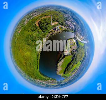 Vue aérienne, viaduc Harkortsee et Riuhr, Ruhrverband Kläranlage Hagen, tour de cheminée de la centrale électrique de Cuno, Ardeywald, globe terrestre, image fisheye, 360 de Banque D'Images