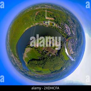 Vue aérienne, viaduc de Harkortsee et Riuhr, Ruhrverband Kläranlage Hagen, tour de cheminée de la centrale électrique de Cuno, globe terrestre, image fisheye, image à 360 degrés, Banque D'Images