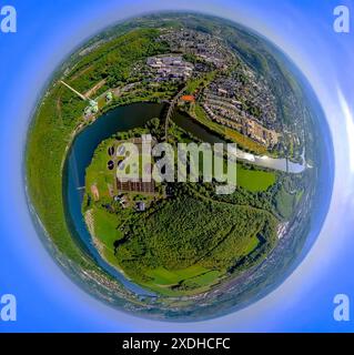 Vue aérienne, viaduc de Harkortsee et Riuhr, Ruhrverband Kläranlage Hagen, tour de cheminée de la centrale électrique de Cuno, globe terrestre, image fisheye, image à 360 degrés, Banque D'Images