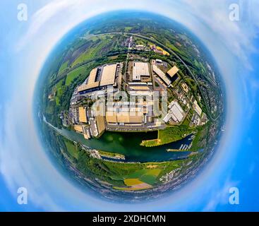 Vue aérienne, zone industrielle Friedrich der Große sur le canal Rhin-Herne, mer de Herne avec port de plaisance, globe, image fisheye, 360 degre Banque D'Images