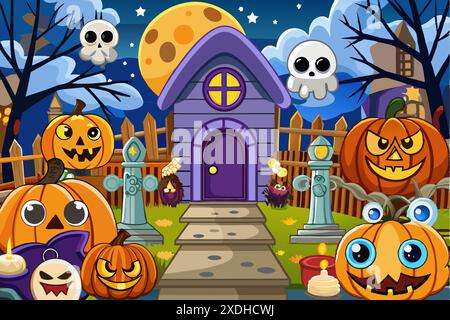 Scène nocturne effrayante d'Halloween avec maison hantée et citrouilles. Concept d'illustration d'Halloween, décorations effrayantes, art de bande dessinée, thème festif. Imprimer. Illustration de Vecteur