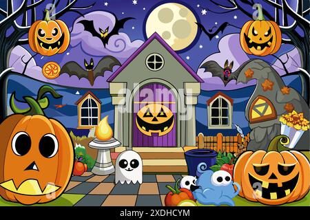 Scène nocturne effrayante d'Halloween avec maison hantée et citrouilles. Concept d'illustration d'Halloween, décorations effrayantes, art de bande dessinée, thème festif. Imprimer. Illustration de Vecteur