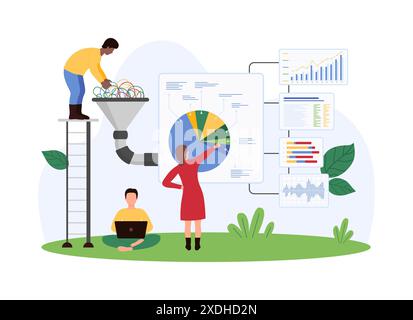 Analyse et classification des données financières et marketing, analyse numérique. De minuscules personnes travaillent avec des informations et un grand entonnoir, analyste tri des statistiques flux avec illustration vectorielle de dessin animé de filtre Illustration de Vecteur
