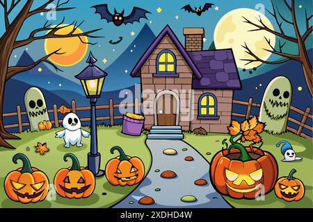 Scène nocturne effrayante d'Halloween avec maison hantée et citrouilles. Concept d'illustration d'Halloween, décorations effrayantes, art de bande dessinée, thème festif. Imprimer. Illustration de Vecteur