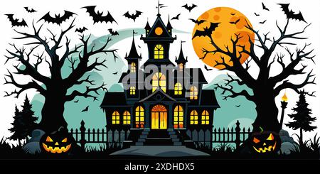 Maison hantée avec une illustration de fond sinistre. Concept d'art d'Halloween, paysage effrayant, ambiance étrange, manoir hanté, château. Impression, conception, Illustration de Vecteur