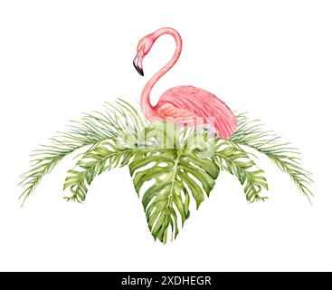 Oiseau rose flamant avec des branches de banane et de palmier avec des feuilles de monstera composition d'aquarelle. Illustration dessinée à la main isolée sur fond blanc Banque D'Images