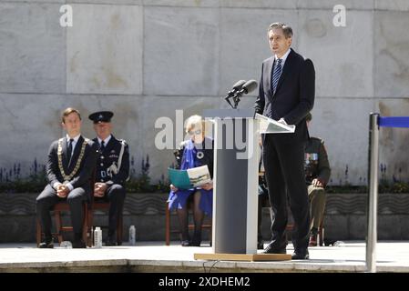 Le Taoiseach Simon Harris s'exprimant lors d'une cérémonie commémorative Stardust au Garden of Remembrance à Dublin, en l'honneur des victimes, des survivants et des personnes touchées par l'incendie Stardust à Dublin. Date de la photo : dimanche 23 juin 2024. Banque D'Images