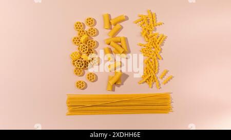 Assortiment de variétés de pâtes non cuites disposées en rangées sur un fond rose, présentant différentes formes Banque D'Images