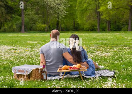 Heureux couple enceinte passant du temps ensemble sur un pique-nique en plein air. Vue arrière la famille attend un enfant. Grossesse. Amour l'un pour l'autre Banque D'Images