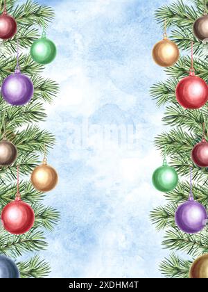 Boules d'arbre de Noël avec des arcs sur la branche d'épicéa. Illustration d'aquarelle dessinée à la main. Noël, nouvel an décoration sur PIN, branche de sapin. Vintage Banque D'Images