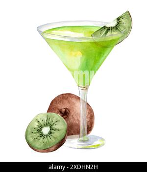 Cocktail aquarelle avec martini dans un gobelet en verre. Illustration d'alcool avec une tranche de kiwi sur fond blanc. Design du bar et du menu Banque D'Images